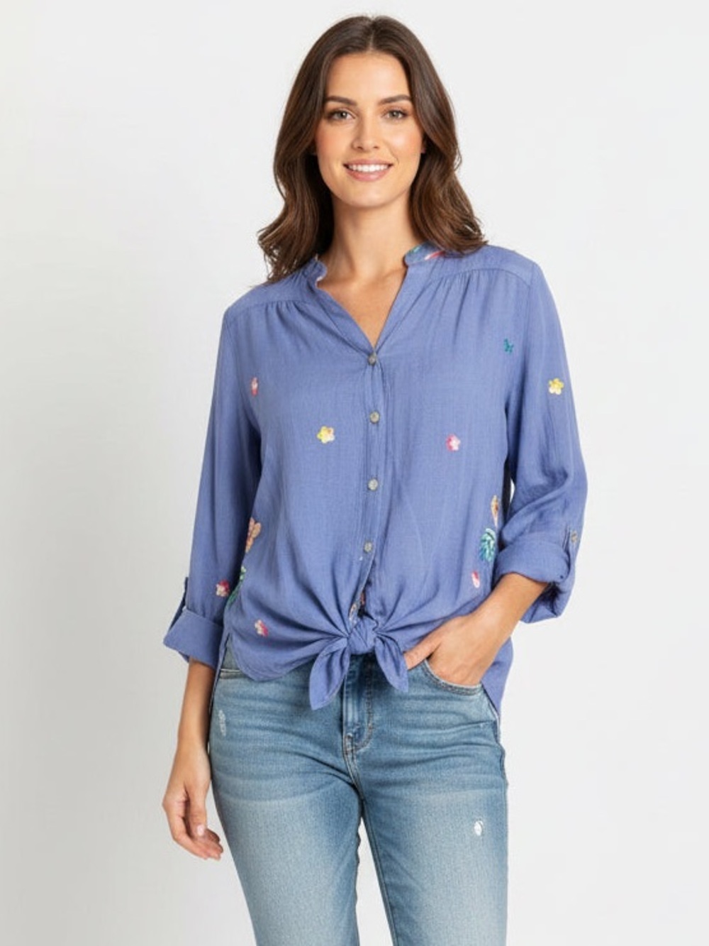 Tie-Front Embroidered Button-Up Top in Periwinkle Purple